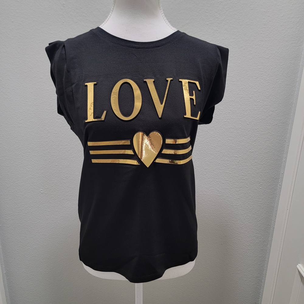 Tricotto Black Short Sleeve Tee with Gold LOVE Graphic